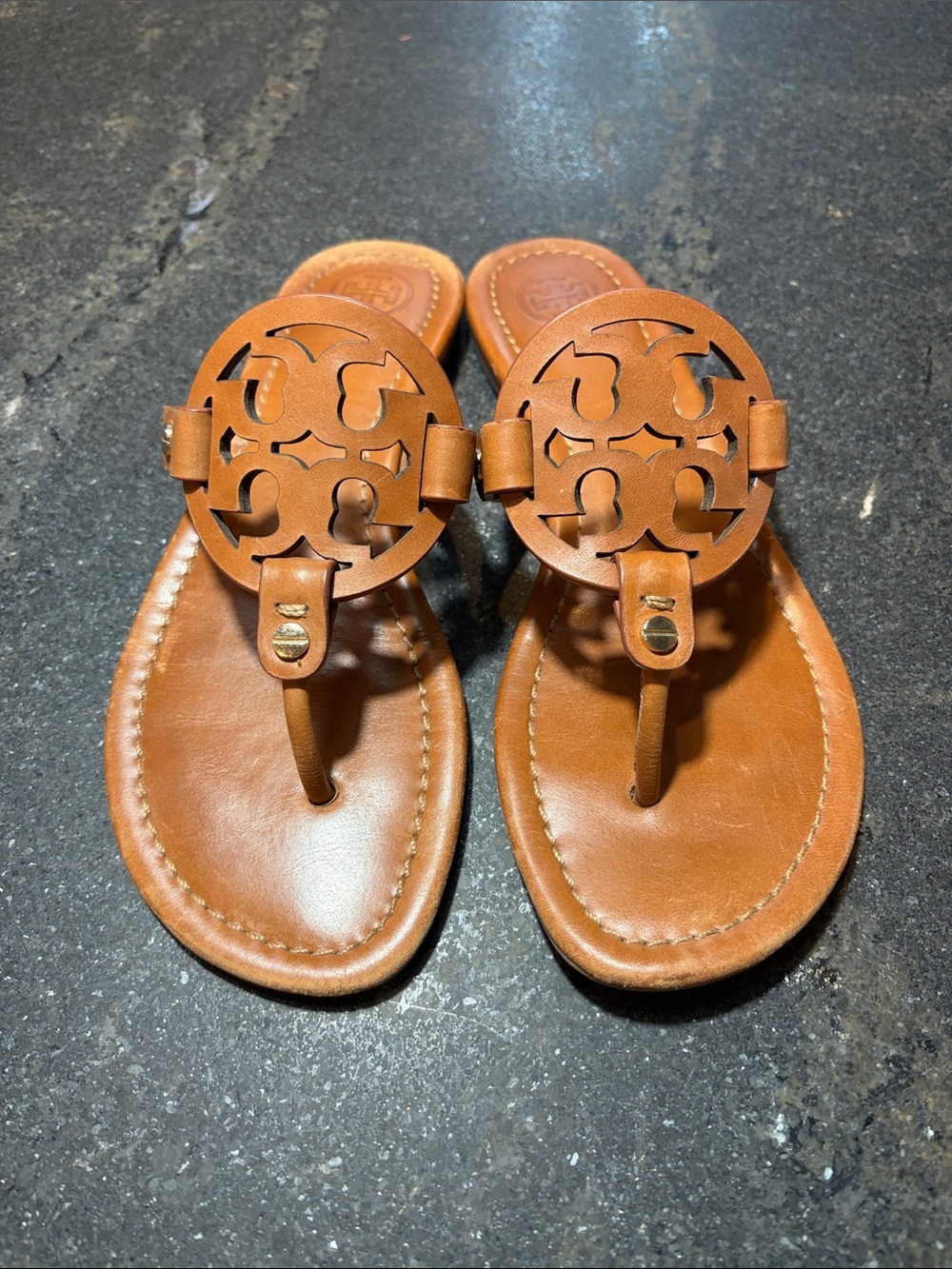Tory Burch Miller Vintage Vachetta Leather Logo Sandals - Picture 2 of 7